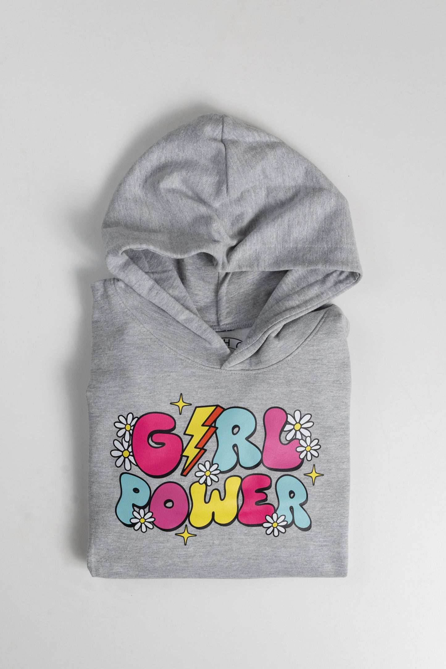 Gray hoodie with 'Girl Power' text in colorful letters on a light gray background
